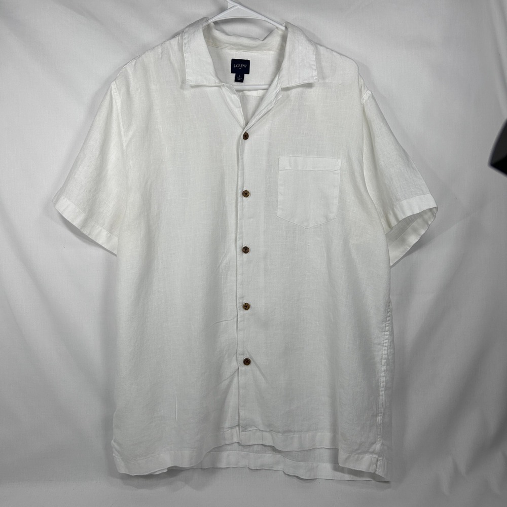 J.Crew White Short Sleeve Linen Camp Collar Button Down Shirt – Size Large (L)